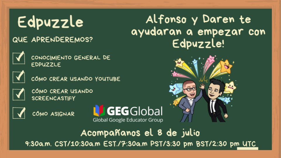 TechTeacher1381's tweet photo. ¿Sabes lo que es @edpuzzle y lo que puede hacer por ti? Acompáñenos el 8 de julio para mostrarlte cómo Edpuzzle puede ayudarte a crear videos interactivos para tus alumnos! https://t.co/9qe8q6mjnd
@GlobalGEG #edpuzzle #videosinteractivos https://t.co/gUejAqxVEr