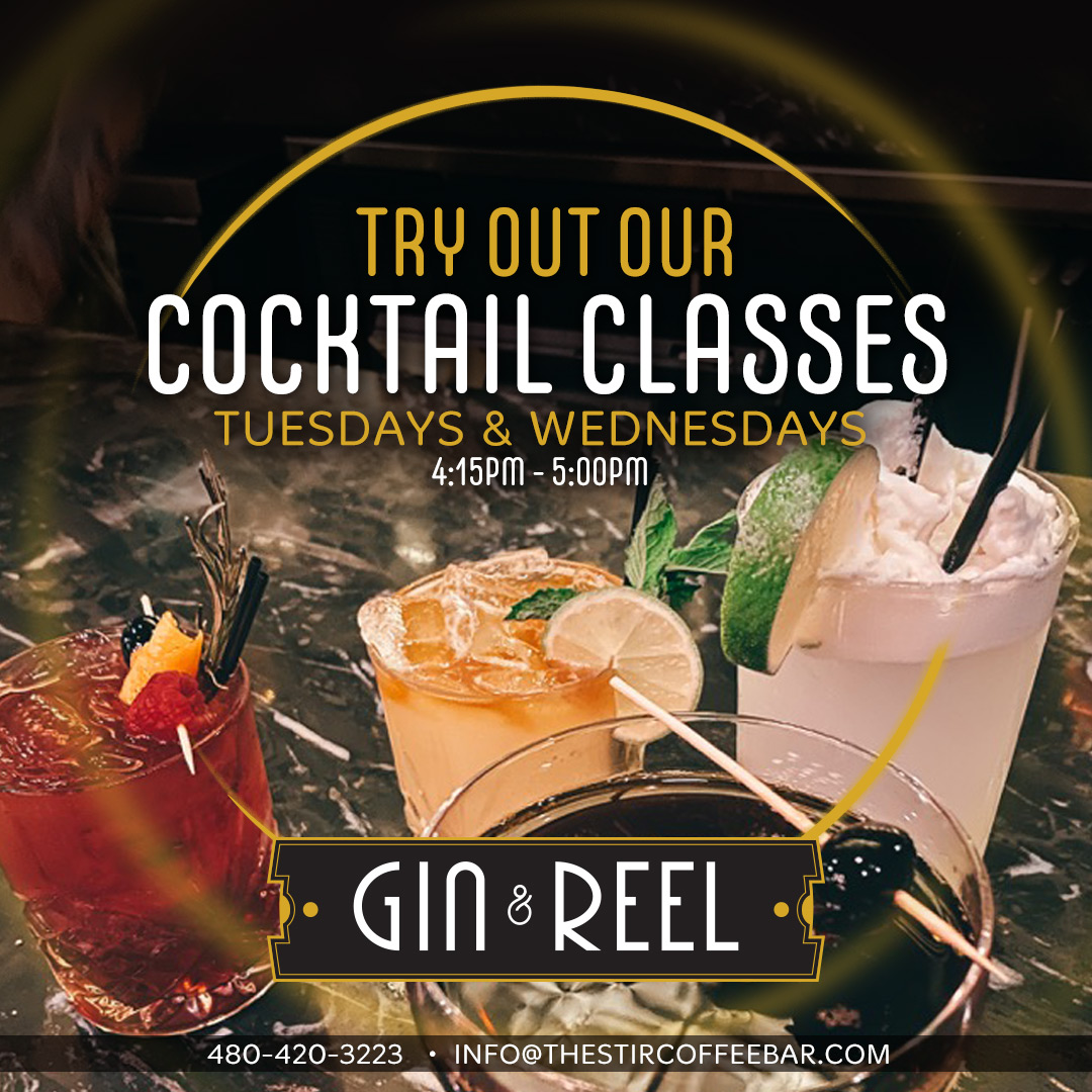thestircoffee's tweet photo. Learn to make Craft Cocktails 🥃🏆at #GinAndReel (located near @thestircoffee on @highstreetaz ) - Classes Tue. &amp; Wed. from 4:15 - 5:00 PM. $40 per class (includes two beverages). Discount for multi-class bookings available. Contact Us via ☎or 📧- #Speakeasy #CraftCocktails https://t.co/olWDSIShH3