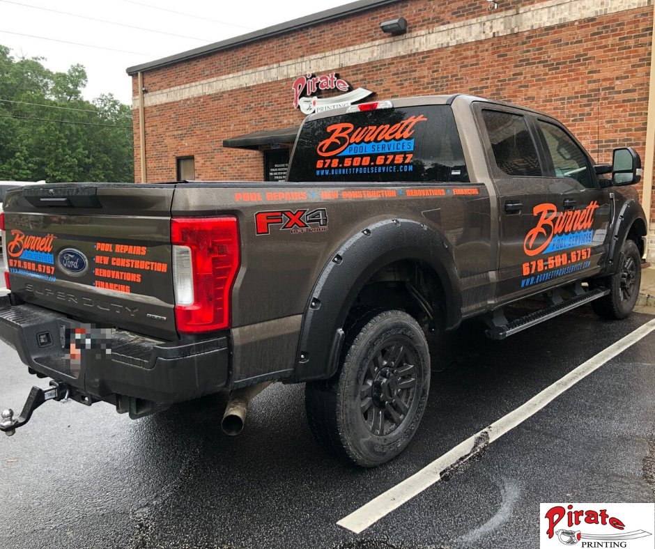 Pirateprinting1's tweet photo. Full truck decals done for Burnett Pool Services! - Not looking for a full wrap but still looking for a way to advertise your business everywhere you drive? Vehicle decals are the way to go! 
.
.
Give us a call for more info on our vehicle graphics. https://t.co/pT82CB6kFz