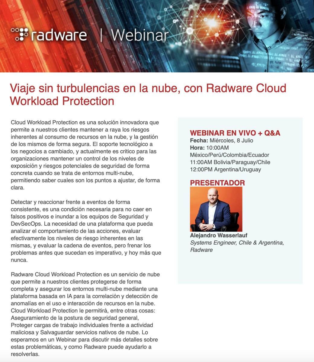 dacasoficial's tweet image. #SomosDacasOnline @radware WEBINAR "Viaje sin turbulencias en la nube" con #Radware Cloud Workload Protection
LINK REGISTRO: bit.ly/2Nn6x73
#CloudWorkloadProtection #Seguridad y #DevSecOps
#dacas #distribuidormayorista #certifieddistributor