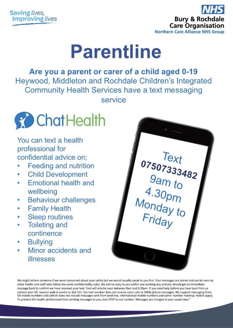 HollinPrimary's tweet photo. Introducing Parentline: a new messaging support service operated by the School Nurse service. Parents/carers can text 07507333482 to get advice and support about health related issues for children 0-19. Nurses are available Mon-Fri 9am to 4pm. https://t.co/Bfc28fFoOH