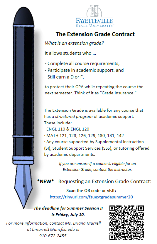 fsu_wrctr's tweet photo. To our Broncos taking summer courses, Extension Grade Contracts are now available! The deadline is this Friday, July 10. Use the link (https://t.co/S5ZHV4pNGj) on the flyer to request your contract today! #uncfsu #faystate #universitycollege #tutoring #extensiongradecontract https://t.co/DwmpAzbSZD