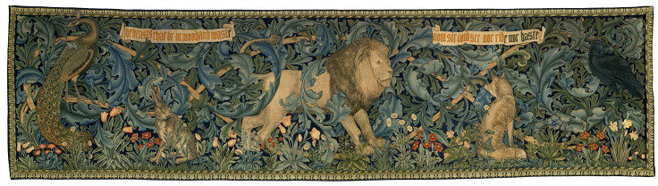 PreRaphSoc's tweet photo. The lush, verdant 'Forest' Tapestry (1887, V&A) for this week's #TopsyTuesday. Festooned in swirling foliage, we find a rich menagerie (designed by Philip Webb) including a fox, a peacock, a crow and a majestic lion (Aslan always come to mind) in the very centre.... https://t.co/wQ2WoOrUip