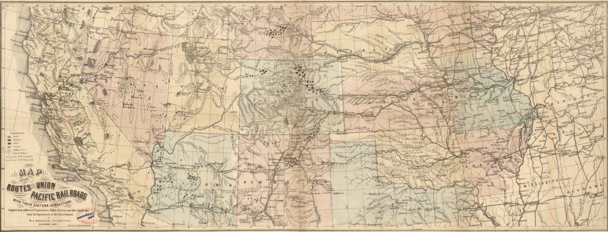 LOCMaps's tweet image. This 1867 #railroad map not only shows completed and proposed railway lines, but also hand colored mineral deposits in the western United States!

Take a closer look here: go.usa.gov/xfaqh