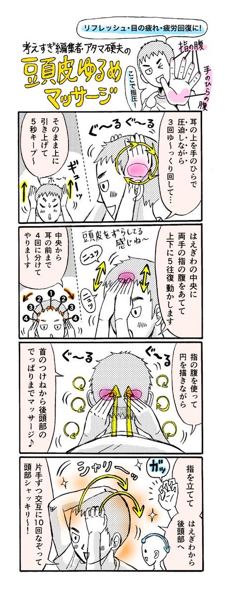 @chicochico_TKG こちらこそありがとうございます!私も顔は無頓着な方だったのですが、これはいいなぁーと続けてます^^
ちなみにR筋ほぐしに、この4コマの1コマ目の「側頭筋」のマッサージを加えるとなお全体的なたるみに良くて(描ききれなかった…)やってます♪