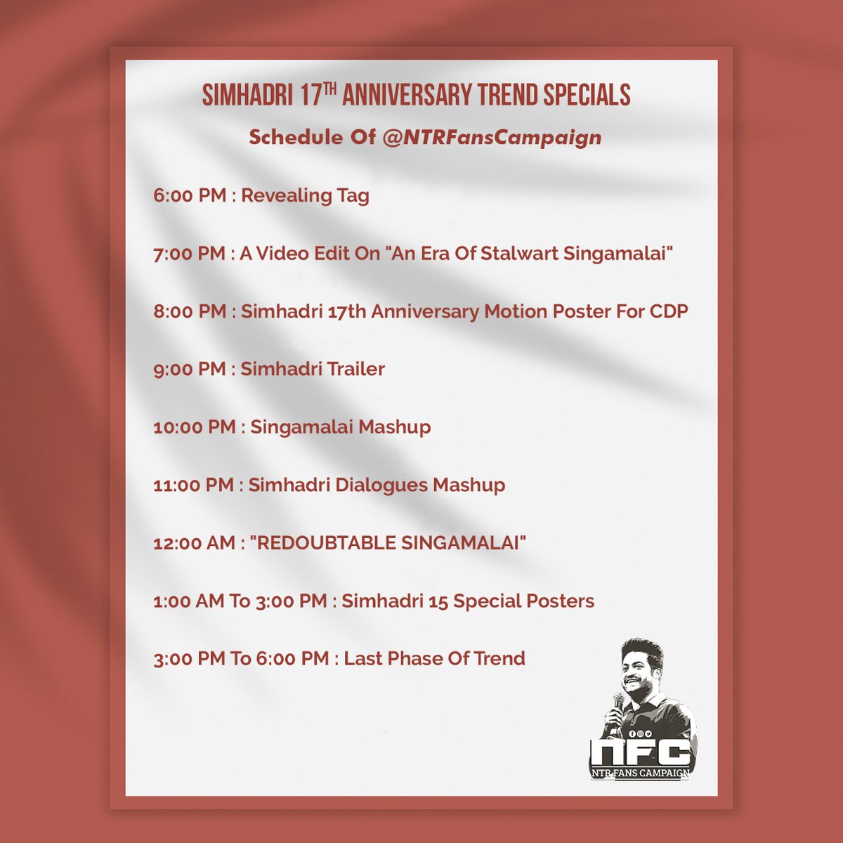 Tonytej9999's tweet photo. Here's The Simhadri 17th Anniversary "24 HOURS CAMPAIGN SCHEDULE" From #TeamNFC 🔥

Get Ready @tarak9999 Fans, Let's Create 24Hrs Non Stop Rampage On Twitter 💥

Jai NTR ! Jai Jai NTR !! ✊

#SimhadriTrendTomorrow https://t.co/nEJLXSMRvZ