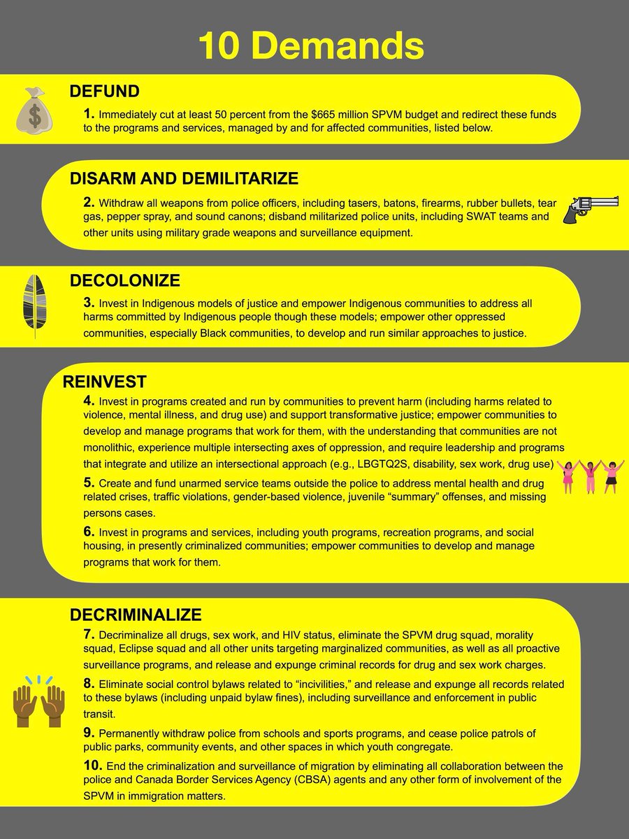 Les dix exigences de la Coalition pour le définancement de la police / Defund the Police Coalition, à Montréal.