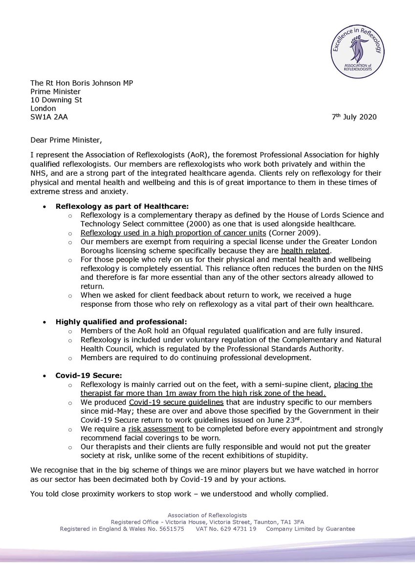 AoR_Reflexology's tweet photo. Reflexology is an industry that can be safe despite what the Government seems to think. We have COVID secure guidelines over and above the Government requirements, we are professional, we are safe, our clients want us back. Please RT, thank you @CarolineHirons https://t.co/54L1kDsOci