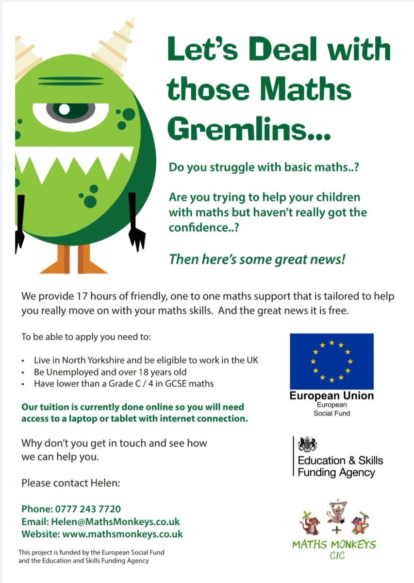 CicMaths's tweet photo. Only 5 places left!!

#FreeMathsTuition for #unemployed in #NorthYorkshire

Explore why you have always struggled and find ways to overcome your struggles

#ContactUs for more information https://t.co/1BSchFgJaC