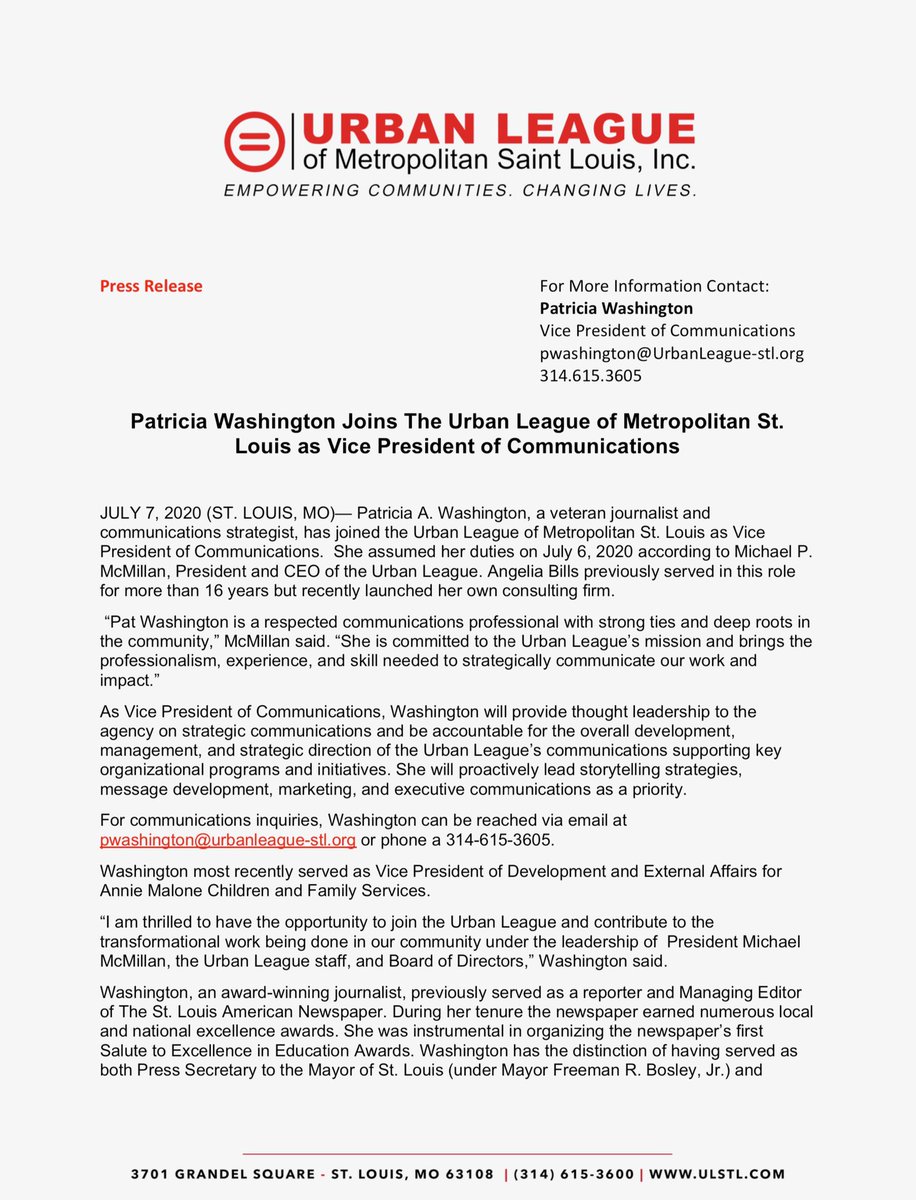 ulstl's tweet photo. The #UrbanLeague of Metropolitan Saint Louis,Inc. welcomes Patricia Washington as the Vice President of Communications. #ulstl #ulmovement https://t.co/ou71a5SEKe