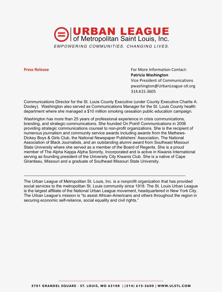 ulstl's tweet photo. The #UrbanLeague of Metropolitan Saint Louis,Inc. welcomes Patricia Washington as the Vice President of Communications. #ulstl #ulmovement https://t.co/ou71a5SEKe