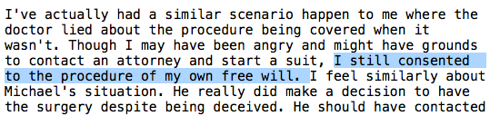 Here’s a quote from one of my survey respondents expressing the same sentiment: yeah I was lied to but I still consented and that’s my fault