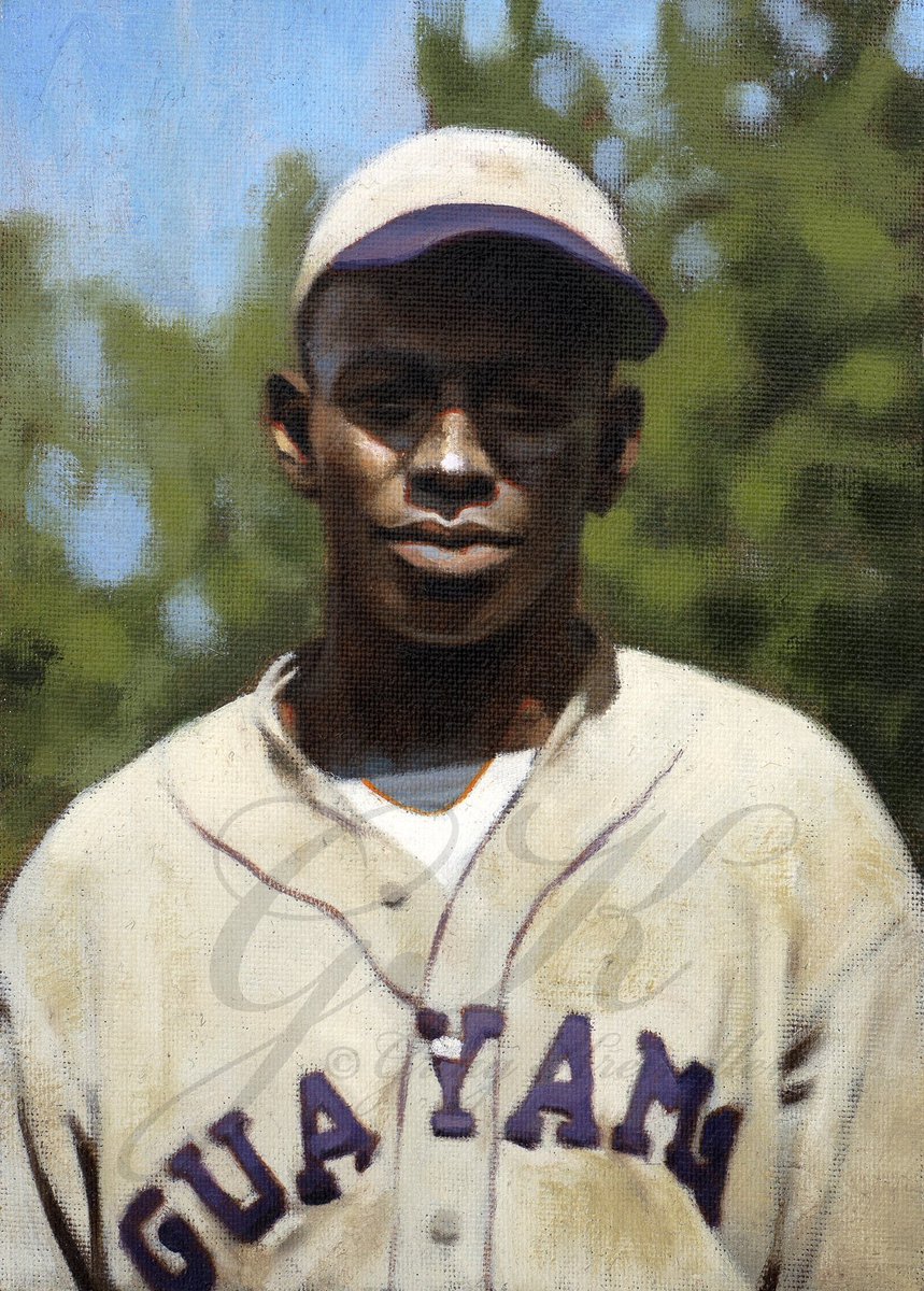 GraigKreindler's tweet photo. A color study of Satchel Paige (born #OTD in 1906) with the Brujos de Guayama in 1939. This is one of 200+ paintings of mine that are on display at the Negro Leagues Baseball Museum for one last week. Get out and support the place if you can! https://t.co/5KyRj3evIz