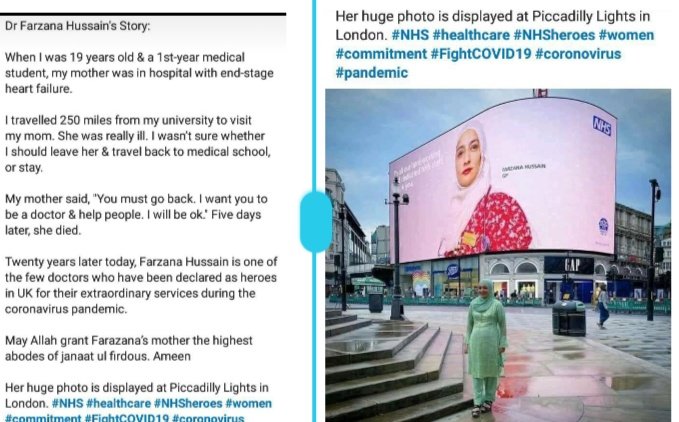 Haidar_Bagir's tweet photo. Farzana Hussain, mhs tingkat 1 kedokteran di kota lain, menengok ibunya yg sakit keras. Kata ibunya : "Kembali ke universitas, jadi dokter &amp; tolong org." 5 hari stlhnya ibunya wafat. Skrg wajahnya terpampang di Piccadily, London, sbg apresiasi atas dedikasinya mengatasi Corona... https://t.co/Gi42K0V5Aj