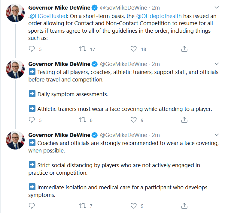 JordanStrack's tweet photo. Here's the list of what Mike DeWine says about return to sports in Ohio. 

Everyone must be tested. Testing costs money. For High School sports, this is literally impossible. If this ends up being the long-term requirement, there will be no football. That's just a fact. https://t.co/KNg07r4RaS