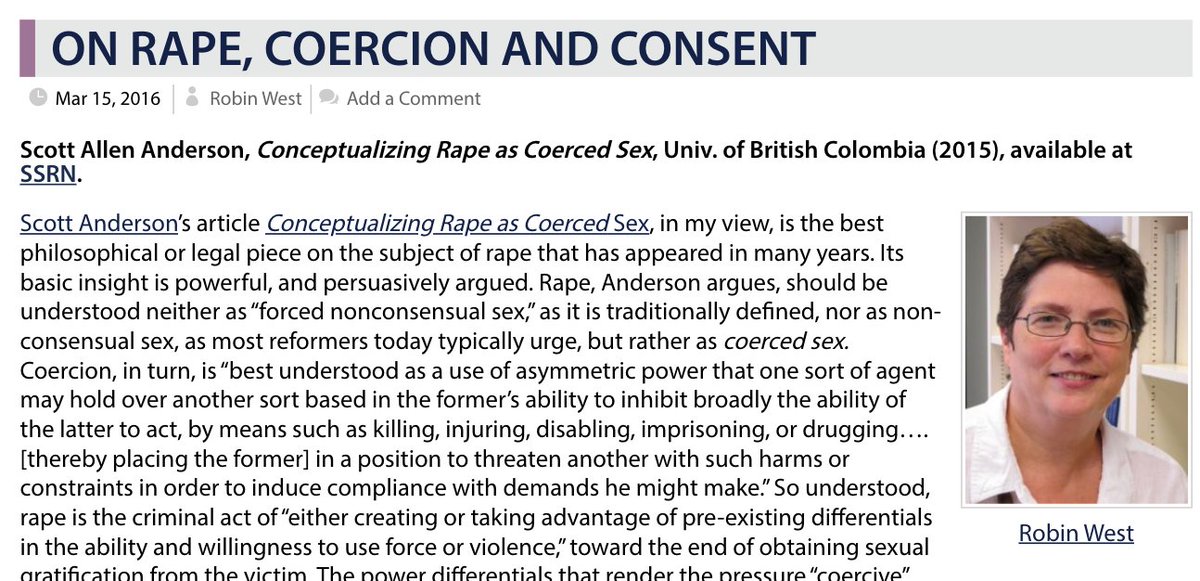 Here’s Robin West in a review of Scott Allen Anderson’s article for JOTWELL: “a lot of sex might be nonconsensual that really no one would want to make criminal.” For example, “obtaining sex by lying about one’s intentions or background”  https://juris.jotwell.com/on-rape-coercion-and-consent/