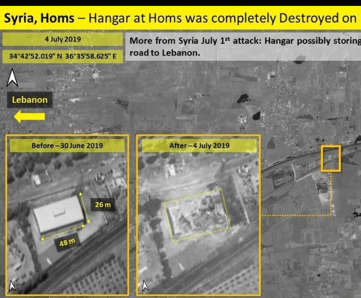 19)Before examining the Natanz destruction, lets evaluate similar situations following airstrikes in Syria.This 48m x 26m building was destroyed in Homs, central Syria. It’s around two thirds of the 45m x 75m building in Natanz.Parts of the Homs building remained intact.