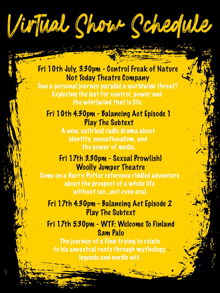 TryMeLoveMe20's tweet photo. We are now able to release the running order of the Try Me, Love Me Festival. Here you will find the dates and times of each show.
Get your diaries out. Its going to be a packed month of amazing theatre.

To watch the all the shows make sure you subscribe to our youtube channel. https://t.co/s5WTFJcHYE