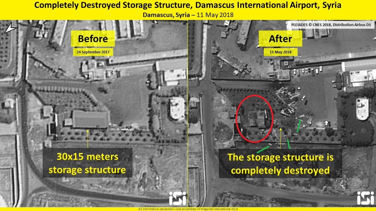 20)This is another target near the Damascus Int’l Airport around half of the Natanz building.One fifth of this Damascus building remained intact after the strike.Pay close attention to how the building’s remnants and shrapnel are spread (seen in green arrows).