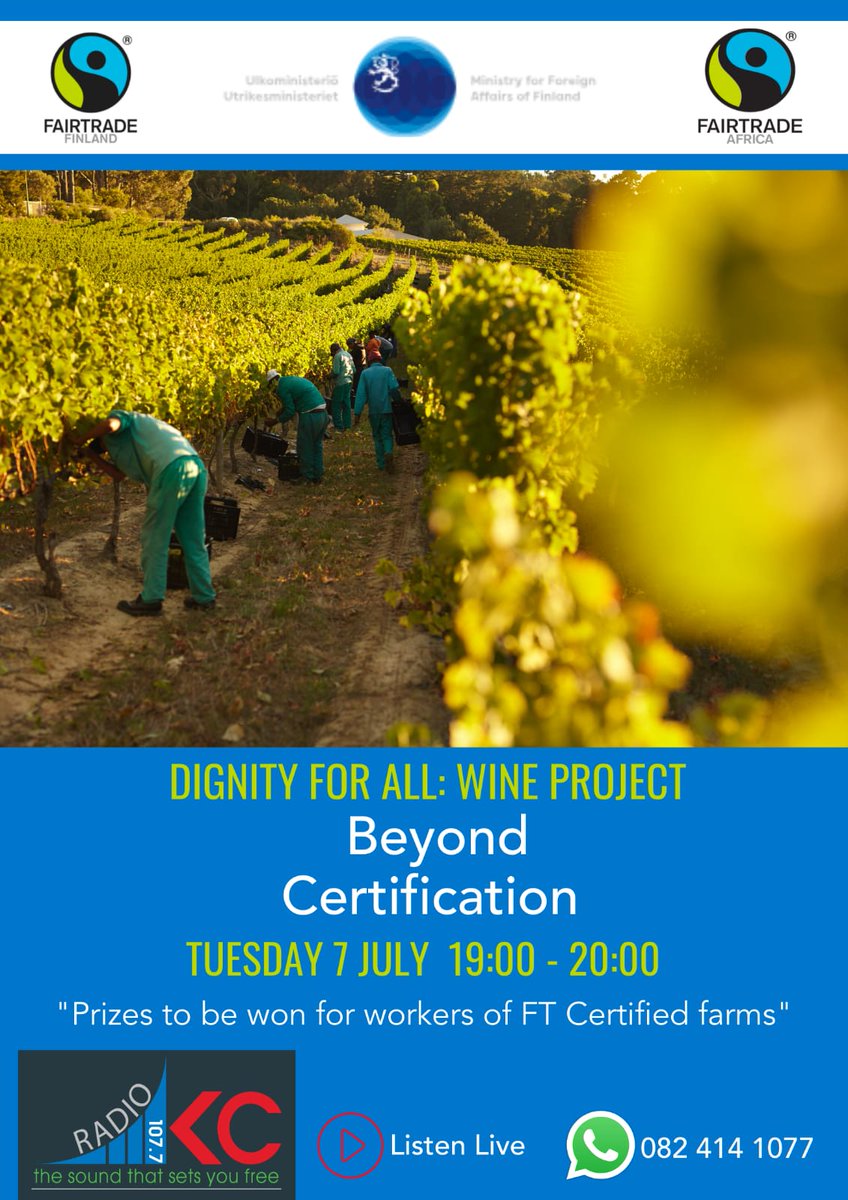 FairtradeSan's tweet photo. Join us tonight on Radio KC 107.7 at 19h00 when we chat about who we are as @FairtradeAfrica, unpack the Dignity For All in the wine sector project and engage on the Relief Fund for certified producers affected by #COVID19. @Ulkoministerio @Reilukauppa @NdutaMarion @SandiNdlovu https://t.co/xAguxNnwqu