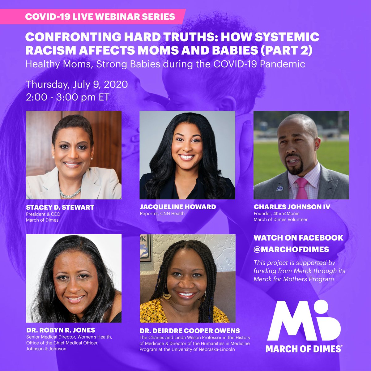 Join us on July 9 at 2pm ET for the next Health Moms, Strong Babies Facebook Live event: “Confronting Hard Truths: How Systemic Racism Affects Moms and Babies (Part 2).” Visit the March of Dimes Facebook page to watch and join in the conversation.
