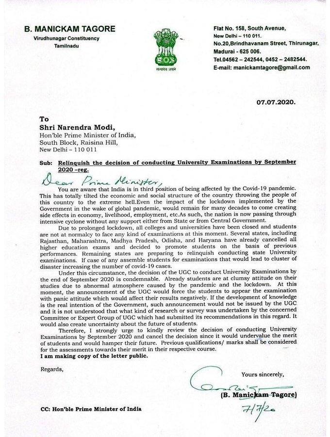 nsui's tweet photo. We are thankful to Member of Parliament Shri @manickamtagore ji for written a letter to PM Modi to relinquish the decision of conducting university Exams in September due to #COVID19 &amp; raising the voice of Students fraternity.
NSUI will continue the fight against this BJP Govt. https://t.co/kTL1JilYUy