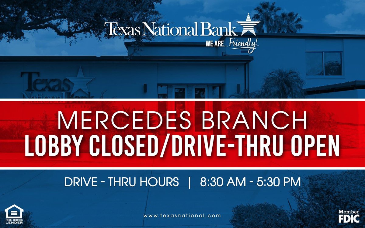 TNB1920's tweet photo. Our focus is keeping our customers and employees safe while continuing to offer convenient banking services.

Beginning today, July 7th , our Mercedes Branch Drive-Thru will re-open from 8:30am – 5:30pm.

We appreciate your understanding as we work to serve you and keep you safe. https://t.co/omtuLdVz8d