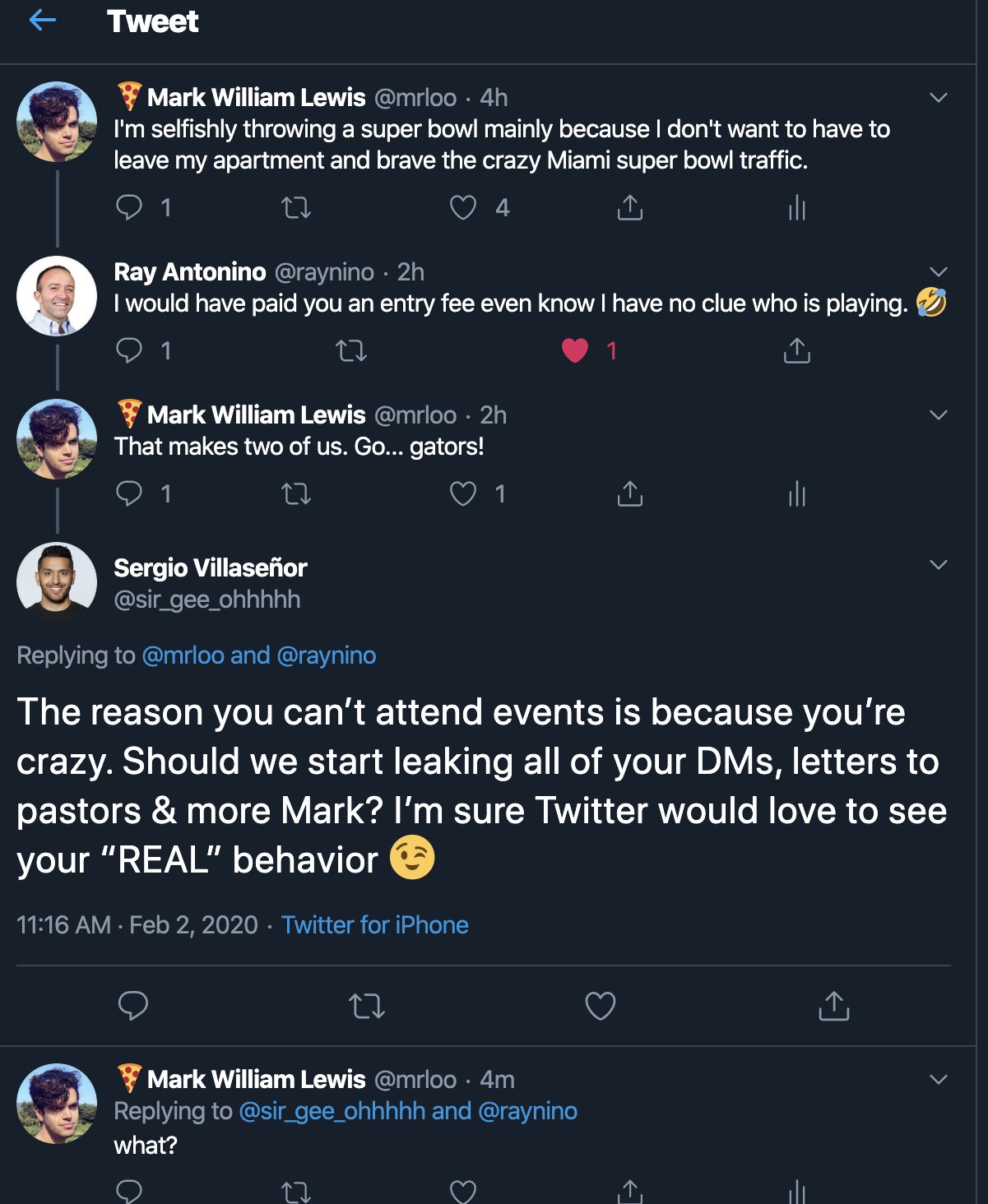 🍕Mark William Lewis on X: @2PMinc @hello_iamelliot The blackmail refers  to the time Sergio threatened to leak all of my DM's. This kind of stuff  might be why he wiped his account...