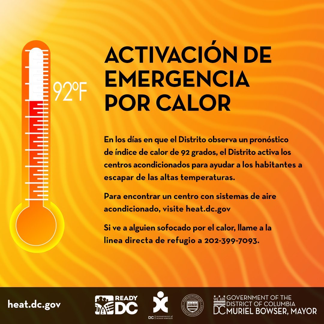 (7/7 11:55AM) A Heat Emergency has been issued for the District of Columbia. Heat index of 97 degrees is expected. Visit bit.ly/DistrictCoolin… to find a cooling center near you. Find tips to beat the heat at ready.dc.gov/extremeheat. #StayCoolDC