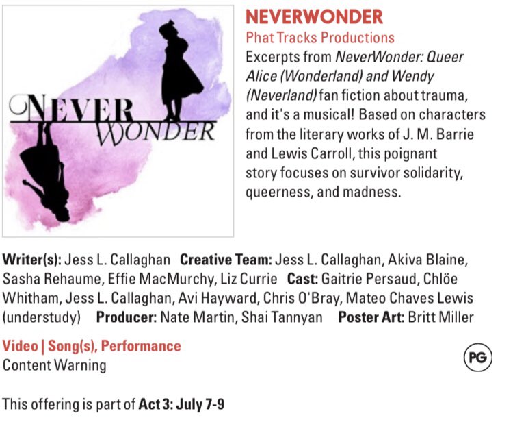 PTPNeverWonder's tweet photo. Today (July 7th) until Thursday (July 9th) you can catch #NeverWonderMusical in #Act3 of the @Toronto_Fringe #DigitalCollective along with several other stellar shows! All for only $13! Check it out!
https://t.co/nIBfU01f8I All the proceeds we make are being donated to BLMToronto https://t.co/ZKX31lOxY6