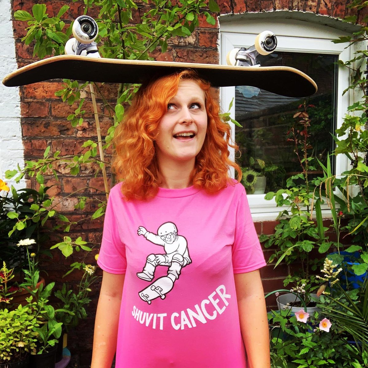 katarinaprior's tweet photo. I am yet to land my first shuvit......but today I discovered that balancing a skateboard on your head is pretty easy. 
Super happy with my @shuvitcancer t-shirt from @hobojackuk!!
Please check out Elaine Shallcross's journey for yourself and donate https://t.co/g4JZIom4XA https://t.co/5VupdIXZVj