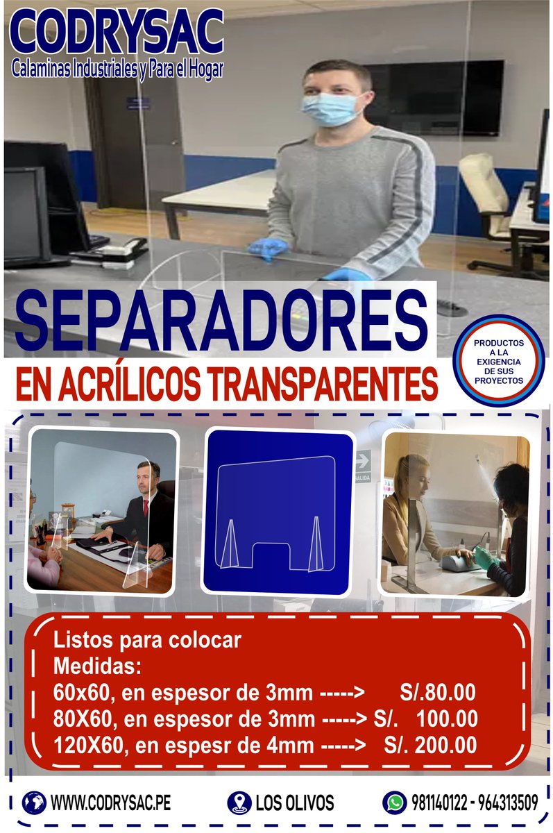 codrysac's tweet image. SEPARADORES EN ACRÍLICOS PARA NEGOCIOS U OFICINAS

separadores en acrílicos para negocios, oficinas, mercados y muchos mas, tenemos disponibles en 3mm y 4mm de espesores.
consultanos a través de los números telefónicos: 981140122 - 964313509