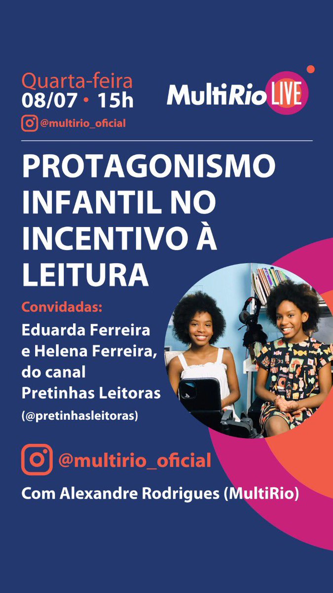 Amanhã pelo Instagram da <a href="/MultiRio/">MultiRio</a> estaremos batendo um papo sobre incentivo à leitura e protagonismo infantil. Avise aos estudantes e estejam conosco nesse encontro pelo nosso Instagram @pretinhasLeitoras ✨