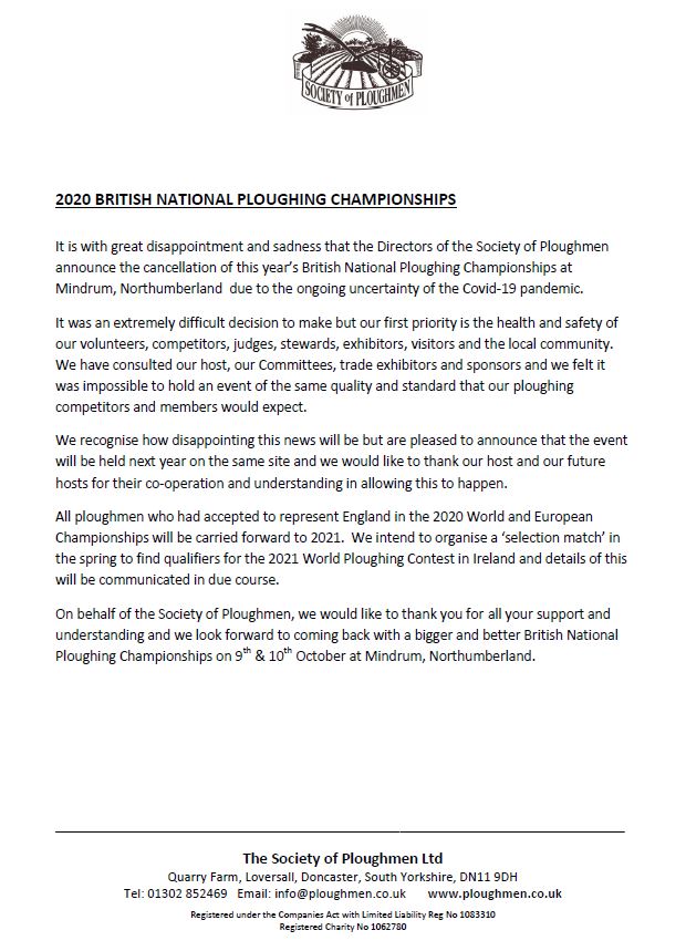 ploughmen_ltd's tweet photo. It is with great disappointment that the Directors of the Society of Ploughmen announce the cancellation of this year’s British National Ploughing Championships at Mindrum, Northumberland due to the ongoing uncertainty of Covid-19.  Full statement here: https://t.co/GHjbHdzeRn https://t.co/2CbJqHIgSD