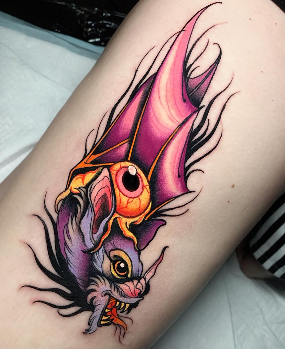 Neotraditional bat tattoo on the hand