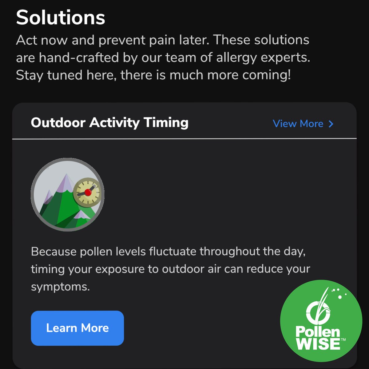 PollenWise's tweet photo. We're continually adding to the Solutions tab in the Pollen Wise app. You can find a variety of information on mitigating #allergy symptoms, different ways that you might be exposed to #pollen and so much more! Check it out! https://t.co/p7Z3G5Inzu