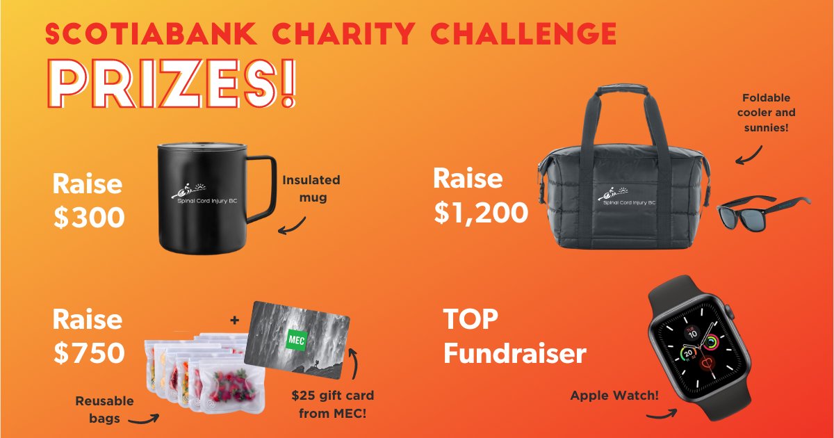 SCI_BC's tweet photo. Racing in this year's virtual Scotiabank Charity Challenge with Team #SCIBC? Check out these awesome fundraising prizes you can snag when you help raise money for a great cause! Support our racers today: https://t.co/opb7CS0jhR https://t.co/RtEmDdbZKA
