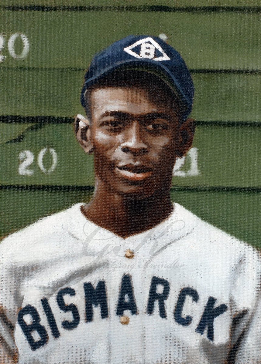 GraigKreindler's tweet photo. A color study of Satchel Paige (born #OTD in 1906) with the Bismarcks in 1935. This is one of 200+ paintings of mine that are on display at the Negro Leagues Baseball Museum for one last week. Get out and support the place if you can! https://t.co/EvaPVoJSxy