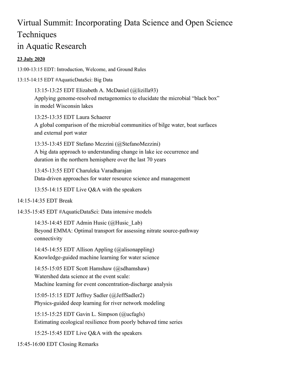 mishafredmeyer's tweet photo. Missing summer conferences? Interested in #limnology #hydrology #ecology #rstats #EarthEngine #python? Register for “Virtual Summit: Incorporating #DataScience &amp; #OpenScience in #AquaticResearch” Its free &amp; will run 23-24 July 13:00-16:00 EDT 1/n https://t.co/99wCxVri29 https://t.co/U7oLANIdXx