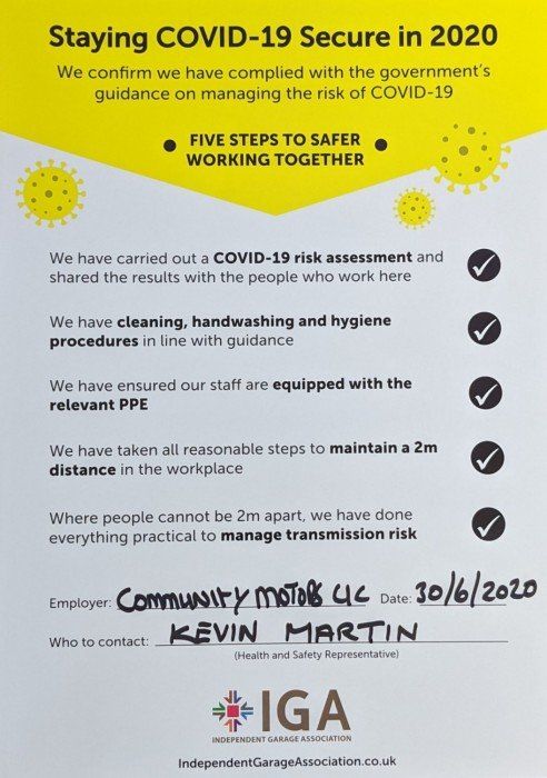 Fully Open and Audited! The Independent Garages Association thinks our setup is 'most impressive', and we are proud to be COVID-19 Secure and fully open for all MOTs and Services for all vehicles buff.ly/2Z7XJJ6!