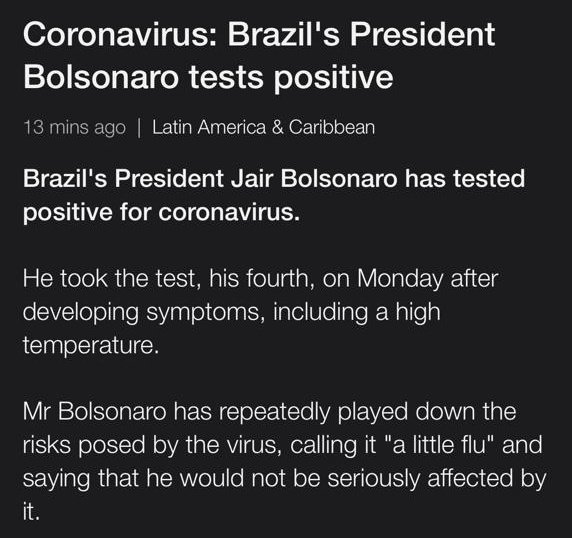 Now this is called Karma... @jairbolsonaro keep disobeying @WHO seems to work well✌