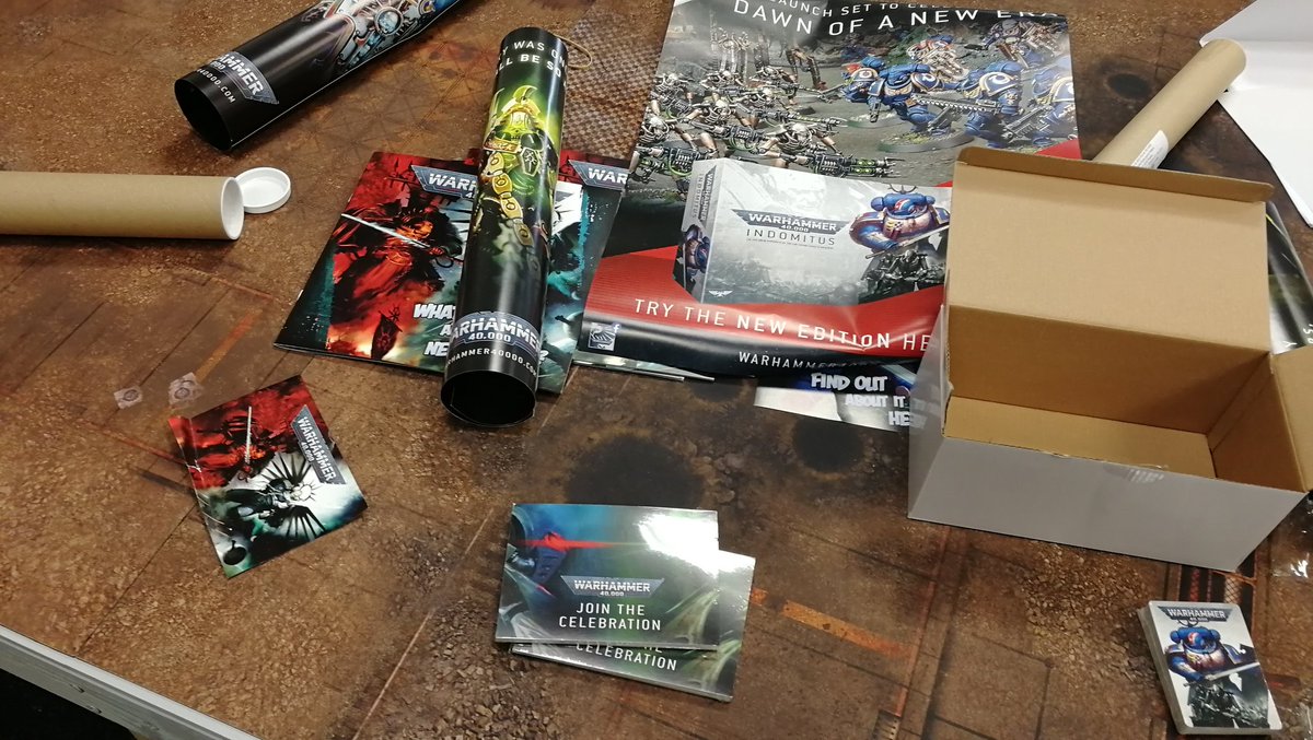 battlebunkerltd's tweet photo. Woo hoo new 40k promotional stuff has arrived including 2 demo copies of Indomitus. #new40k #40k #PaintingWarhammer #warhammer40k #warhammer https://t.co/4TWW1gGJun
