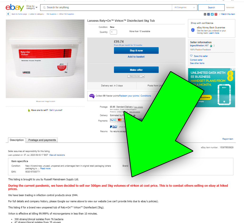WebMigGuides's tweet image. HA LOVE THIS! Company stops sellers ripping vulnerable people off on ebay (when buying #virkon disinfectant due to #COVID19) by selling it themselves on there at cost price! ebay.co.uk/itm/Lanxess-Re… #Genius Wonder how many are now stuck with stock they cant sell? #karma