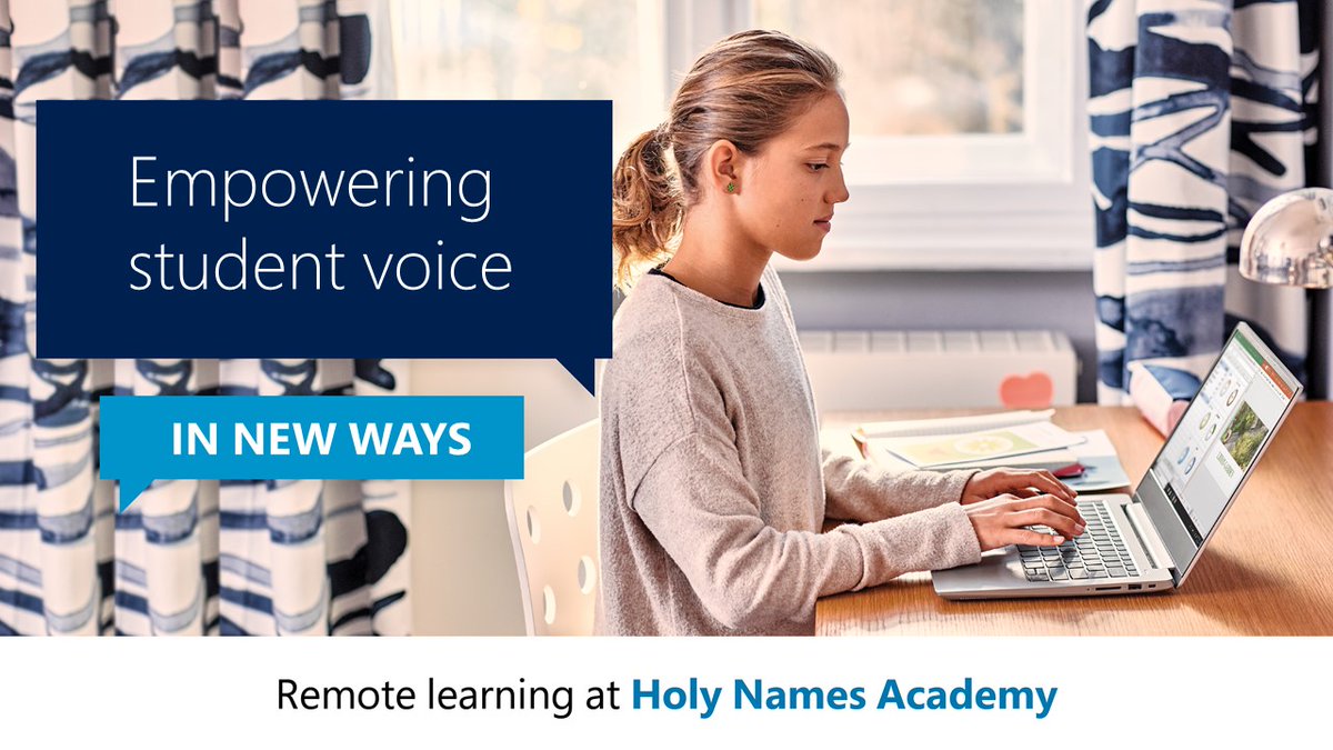 MicrosoftEDU's tweet photo. With more space to think and process, teachers at Holy Names Academy say #RemoteLearning has helped to empower student voice in new ways. Read how they’re using #MicrosoftTeams to encourage class engagement and discussion. https://t.co/WSbq7jSGV6 @HNACougars https://t.co/blgnpidBdv