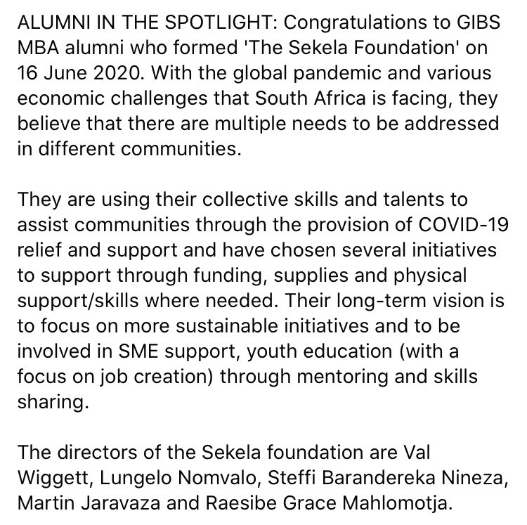 ALUMNI IN THE SPOTLIGHT: Congratulations to GIBS MBA alumni who formed 'The Sekela Foundation' on 16 June 2020!

More at: linktr.ee/sekelafoundati…