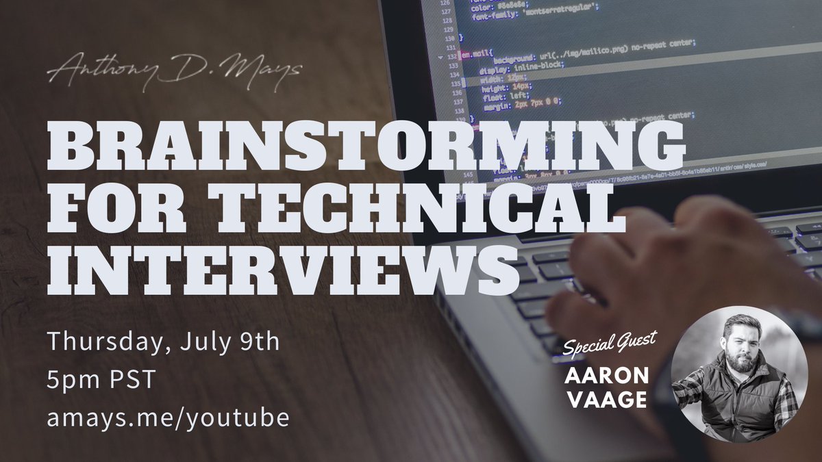 anthonydmays's tweet photo. Brainstorming is the most crucial part of the problem solving process for technical interviews. Learn to be good at it.

Tune in this Thursday at 5pm PT/8pm ET. Featuring special guest Aaron Vaage. Get reminded on YouTube.

Retweet, share, help somebody.

https://t.co/beYmGyuqow https://t.co/ULNh9TbBrb