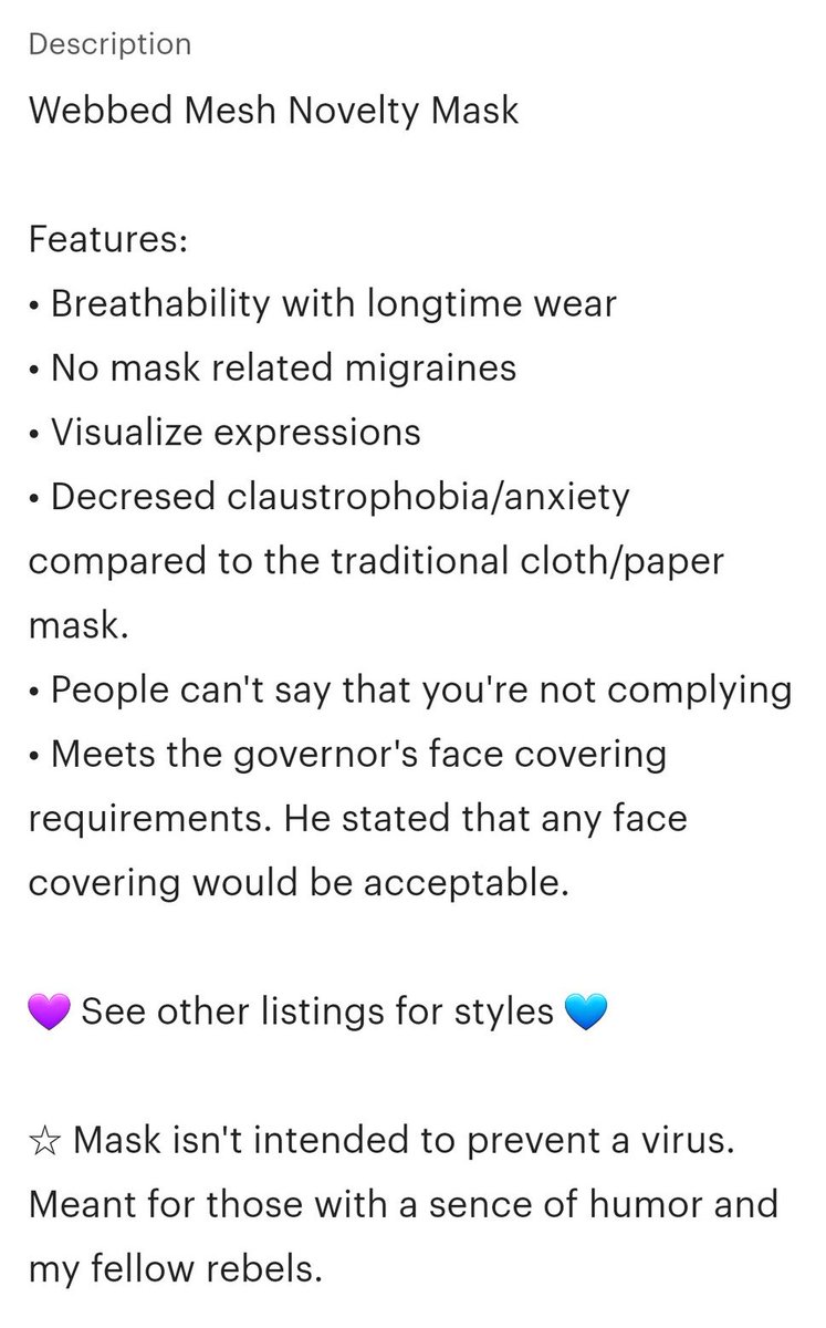 Please RT. I rarely ever make callout posts, but this one’s for the sake of public safety. Some Etsy sellers are making “MESH ‘BREATHABLE’ MASKS” to parade like they’re wearing one, but these DO NOT WORK. They’ll HARM people. Report these when you see them for sale online!!!