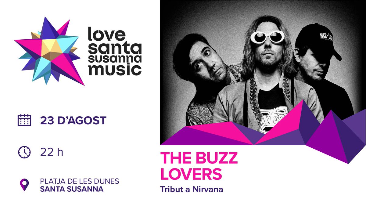 🎸 El tribut de @thebuzzlovers a #Nirvana ressonarà amb força per tot Santa Susanna la nit del 23 d'agost. Una ocasió única per a reviure la banda de grunge més exitosa de principis dels 90. 

#lovesantamusic20 #SantaSusanna @SSusannaturisme