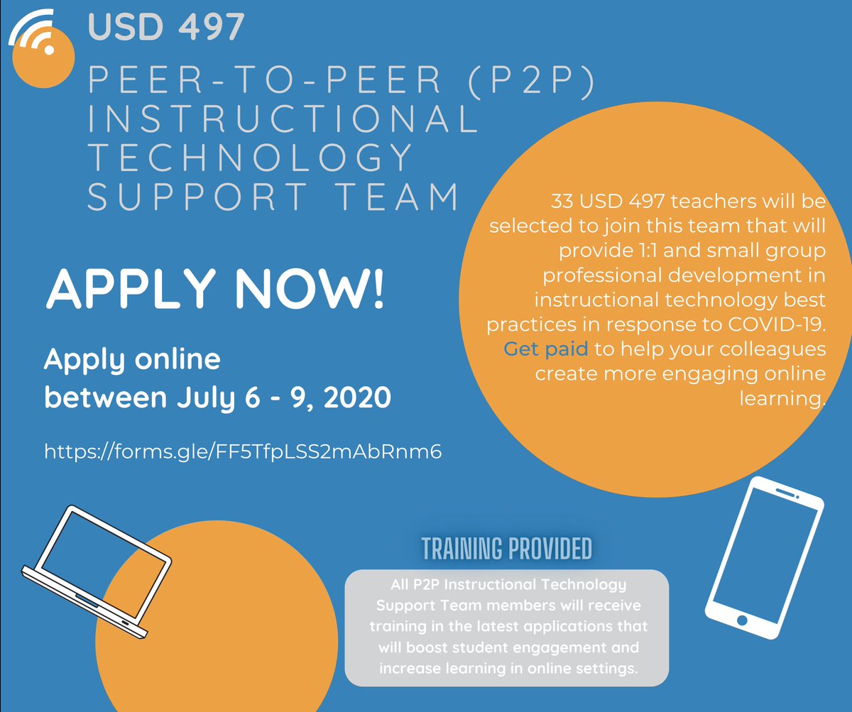 We encourage USD 497 teachers interested in being a part of the Peer-to-Peer Instructional Technology Support Team to apply by Thursday, July 9, at forms.gle/FF5TfpLSS2mAbR…. Enhance your technology skills, support your peers, and improve student engagement and achievement!
