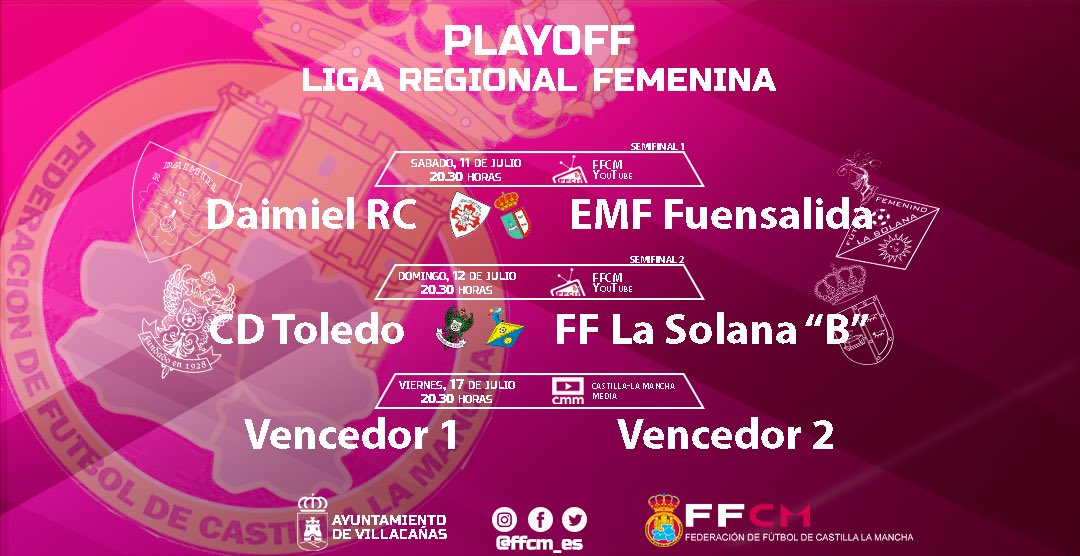 FFCM_es's tweet photo. 📰 NOTICIA | Los playoffs de ascenso a Primera Nacional Femenina, EN DIRECTO

🖇 https://t.co/zmR56F2PD3

📅 11/7
⌚ 20.30
🆚 @daimielrcf - @fuensafeminas 
📺 https://t.co/yDT9D4IBVn

📅 12/7
⌚ 20.30
🆚 @CD_Toledo - @FFSOLANA "B"
📺 https://t.co/ug7eP7IsMz

#somosclm🔴⚪ https://t.co/5vLdMcQMTQ